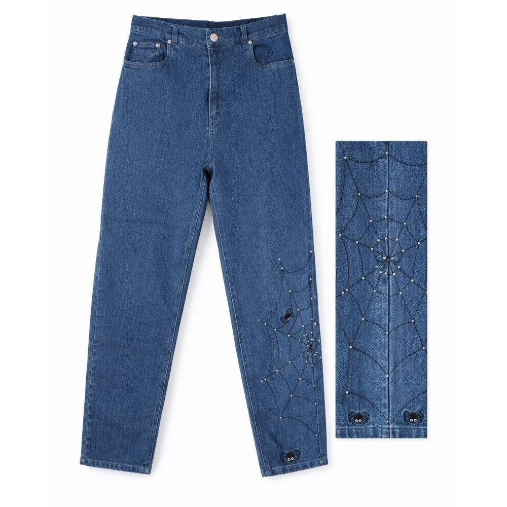 Vintage 1990's The Quaker Factory Women's Spider Web Studded Jean Trousers, Sz 8